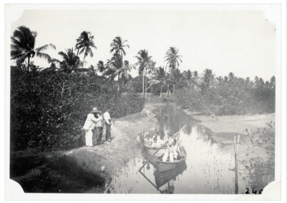 Grupo de pessoas numa canoa, no trecho de um mangue nos arredores do bairro da Madalena. Ano 1905, autor Manoel Tondella.