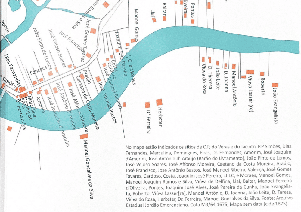 Em azul, a ordem dos imóveis. Em vermelho, a numeração da décima. Em preto, a numeração atual. Mapa de 1906, de Douglas Fox e Whiney. Adaptado por José Luiz da Mota Menezes, 2019.